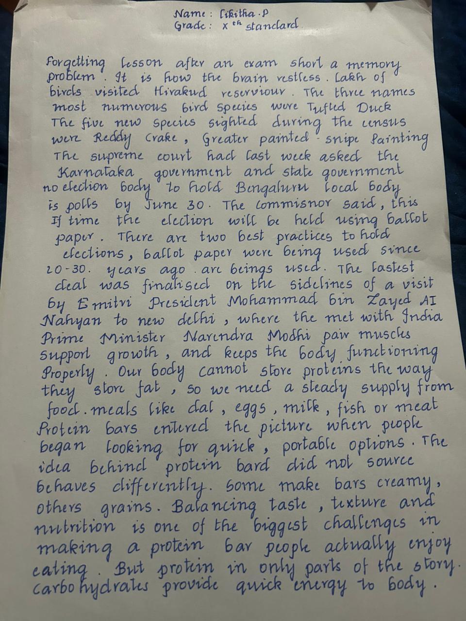 Student written assignment showing neat handwriting